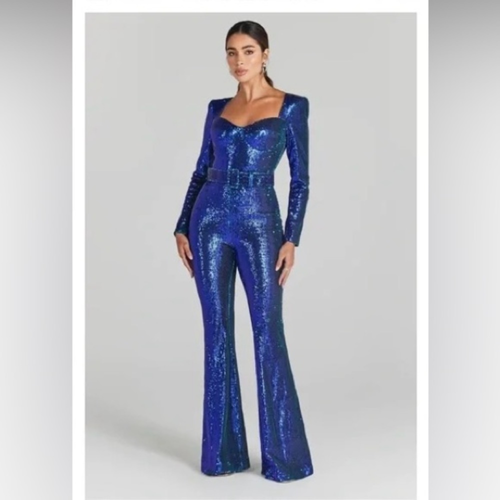 NADINE MERABI Blue Sequin Jumpsuit RARE FIND SMALL